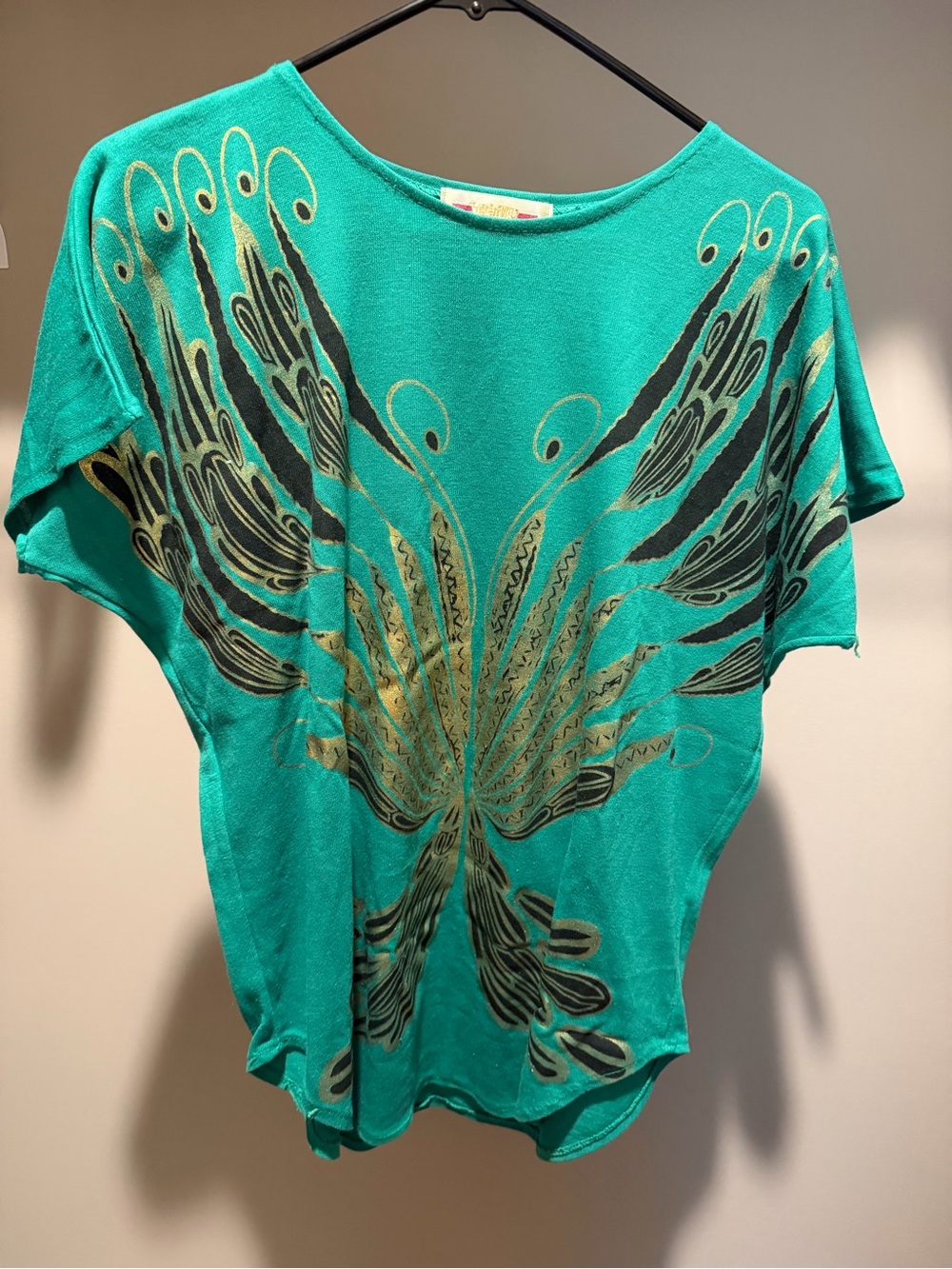 Women's Teal Short-Sleeve Top with Gold & Black Wing Print